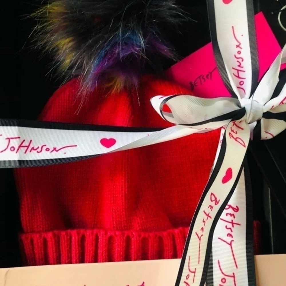 Betsey Johnson Pom Pom Beanie & Card Case Wallet Key Fob Gift Set NWT